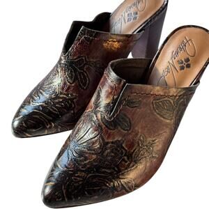 Patricia Nash floral metallic tooled mule stacked heal leather sole W7